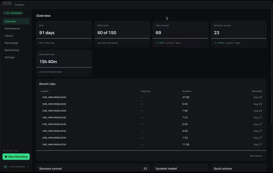 TradeCut dashboard with a list of recent trade clips